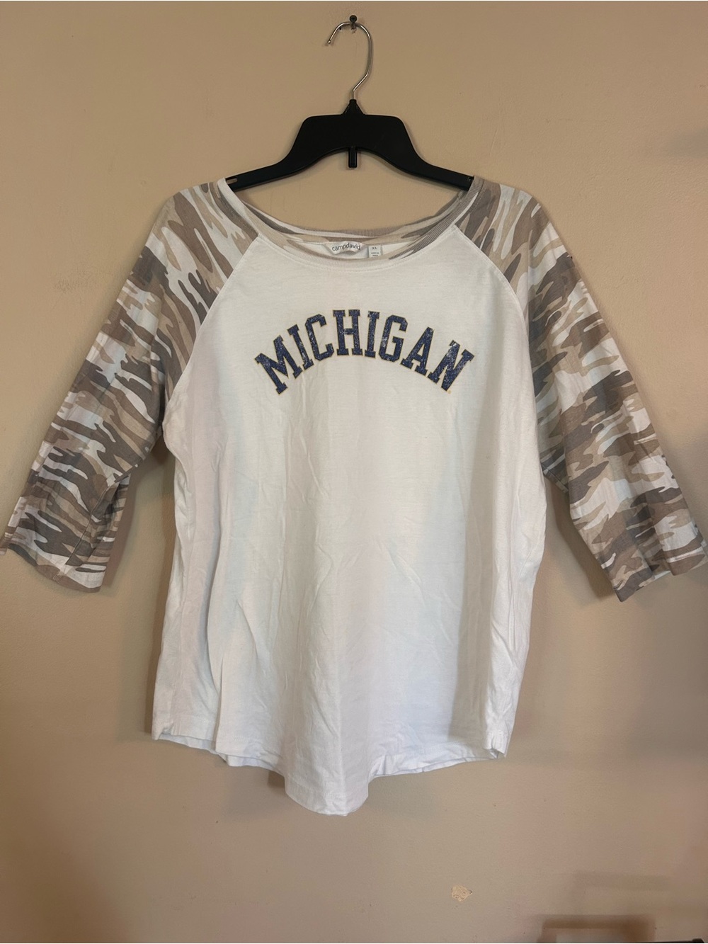 Michigan Raglan Long Sleeve Tee in White with Tan Camo Sleeves